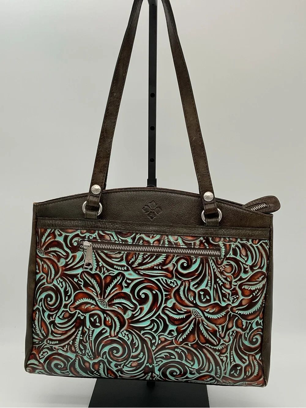 Patricia Nash Poppy Turquoise & Brown Tooled Leather Shoulder Tote